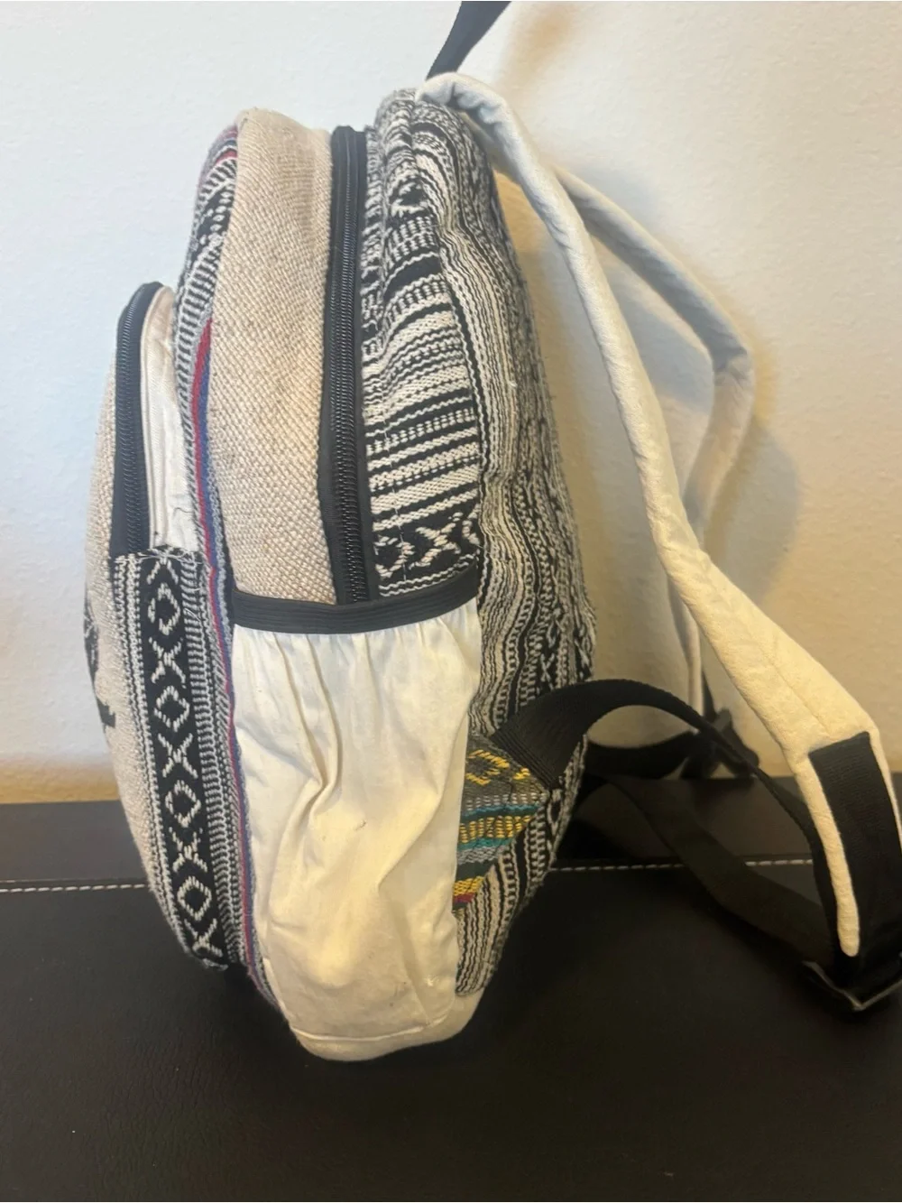 Handmade Himalayan Hemp Owl Graphic Backpack Multicolor Striped Boho Back Pack